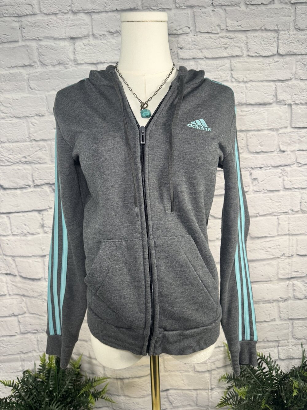 Adidas Essentials Gray 3-Stripe Full Zip Hoodie Womens XS Aqua Stripes Fleece